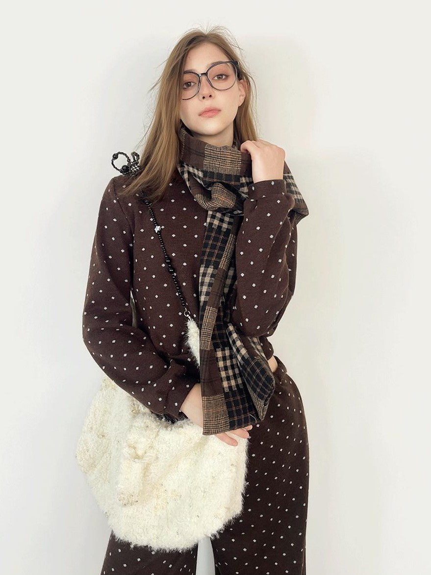 GGLOYDIUS Polka Dot Coffee Brown Cropped Jacket Wide Leg Pants Women's Casual Top & Pants Sets