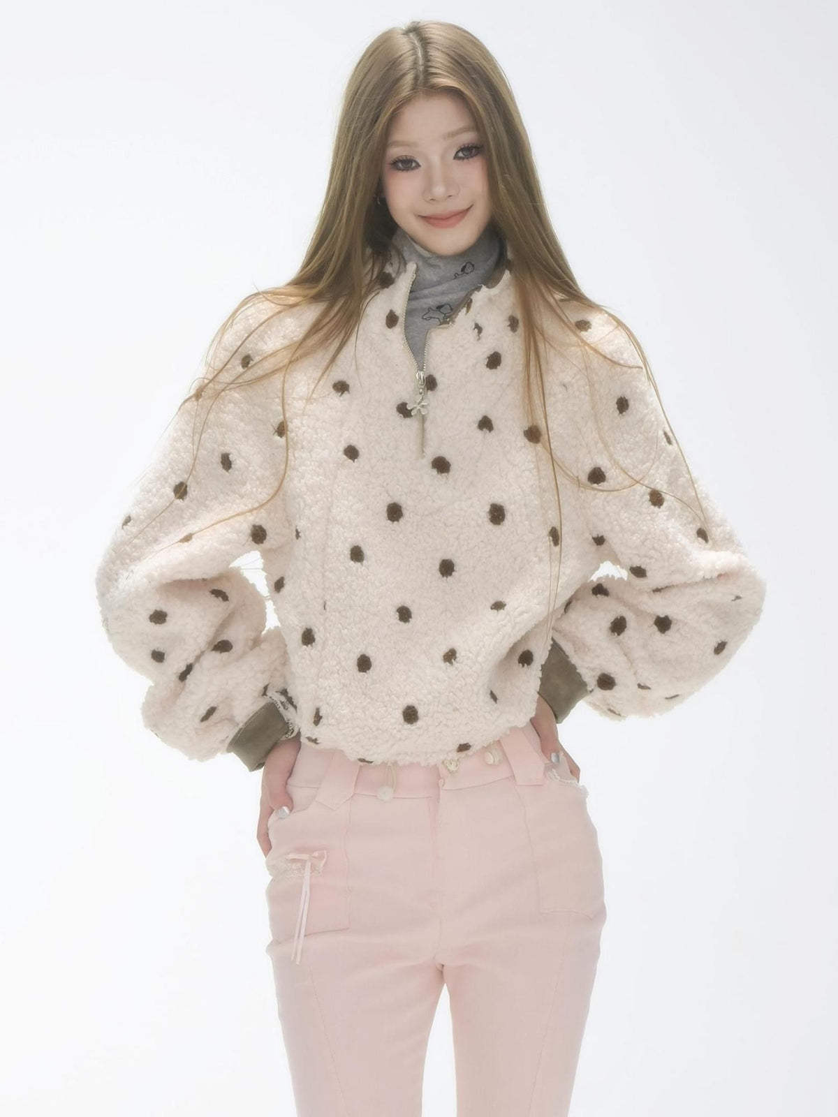 GGLOYDIUS Polka Dot Zip Up Stand Collar Loose Fit Women's Fleece Jackets