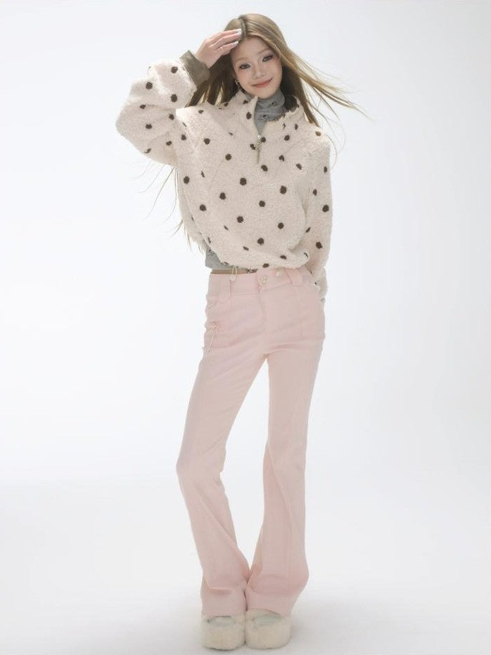 GGLOYDIUS Polka Dot Zip Up Stand Collar Loose Fit Women's Fleece Jackets