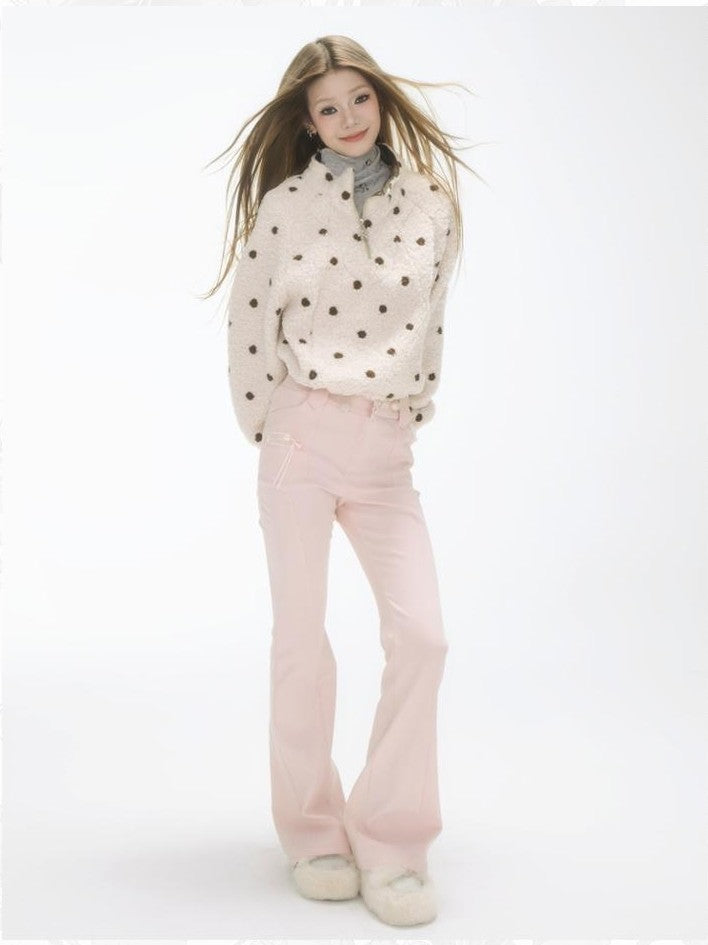 GGLOYDIUS Polka Dot Zip Up Stand Collar Loose Fit Women's Fleece Jackets