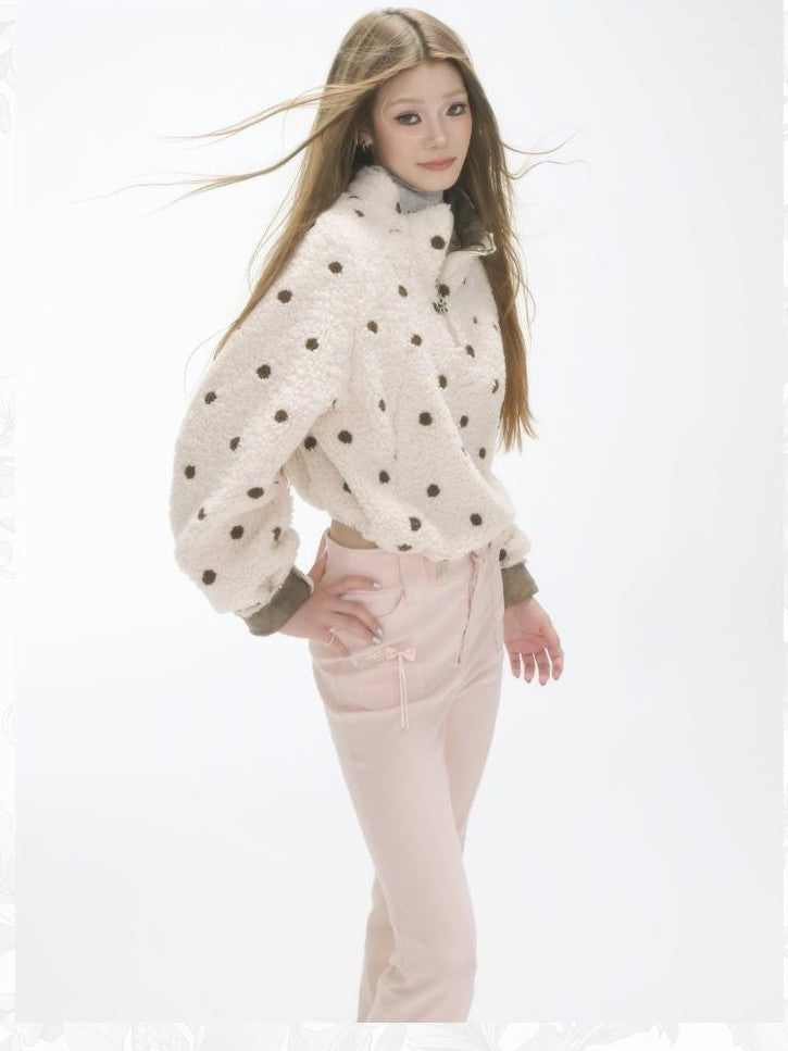 GGLOYDIUS Polka Dot Zip Up Stand Collar Loose Fit Women's Fleece Jackets