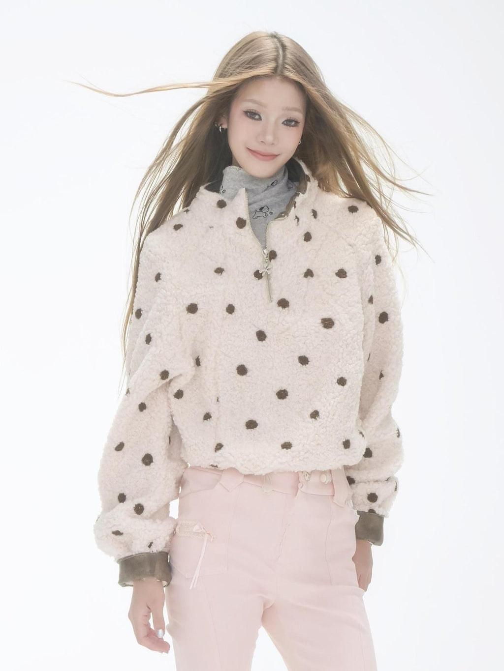 GGLOYDIUS Polka Dot Zip Up Stand Collar Loose Fit Women's Fleece Jackets