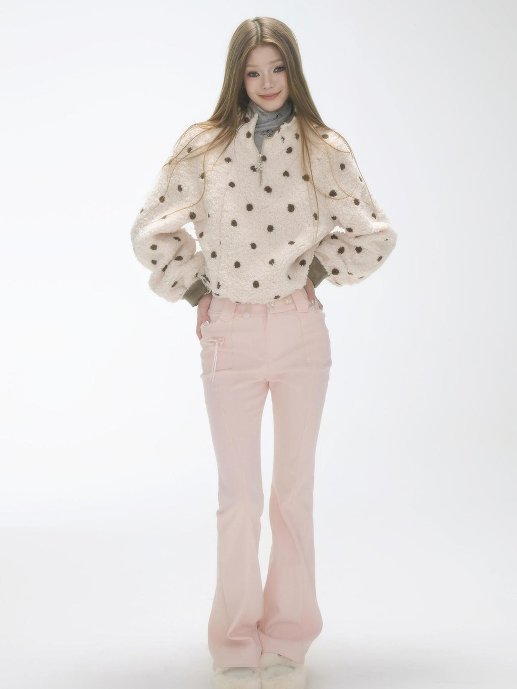GGLOYDIUS Polka Dot Zip Up Stand Collar Loose Fit Women's Fleece Jackets