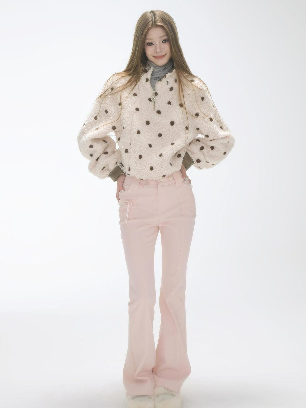 GGLOYDIUS Polka Dot Zip Up Stand Collar Loose Fit Women's Fleece Jackets
