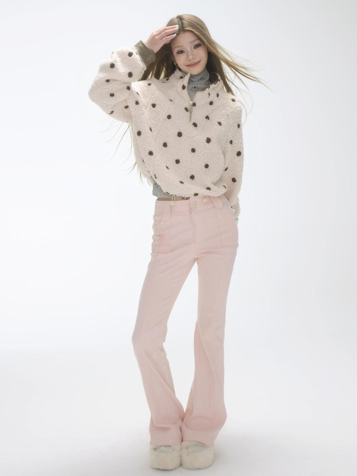 GGLOYDIUS Polka Dot Zip Up Stand Collar Loose Fit Women's Fleece Jackets