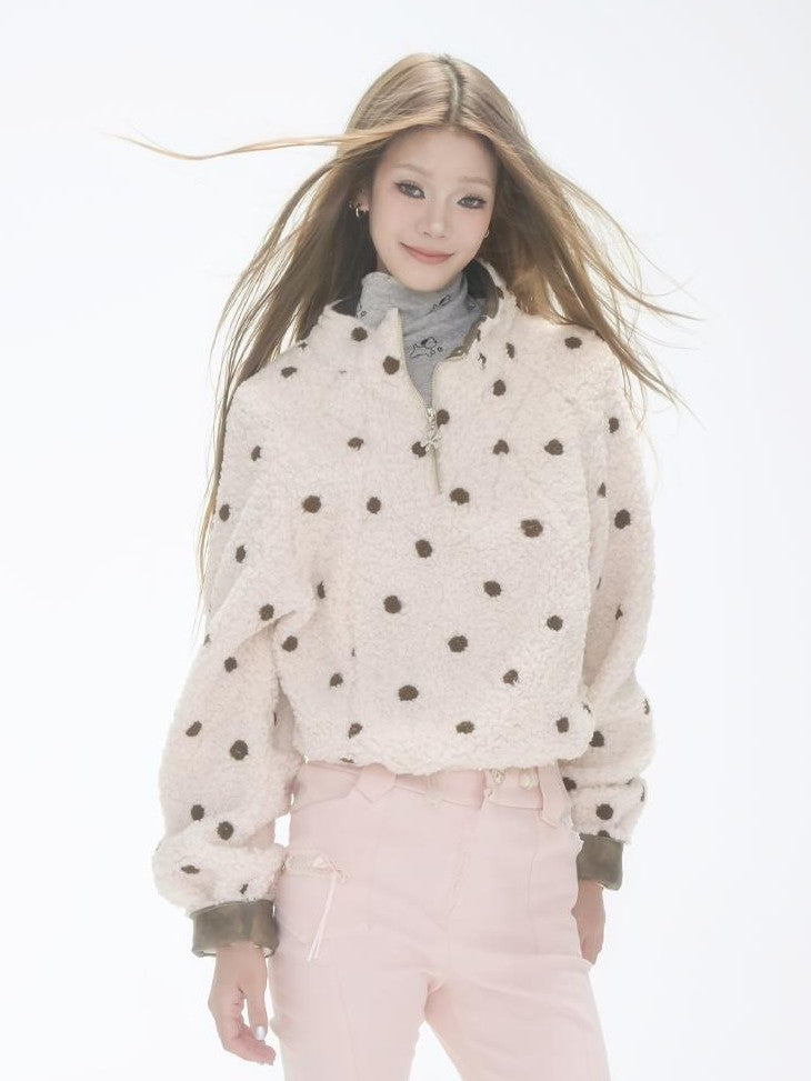 GGLOYDIUS Polka Dot Zip Up Stand Collar Loose Fit Women's Fleece Jackets