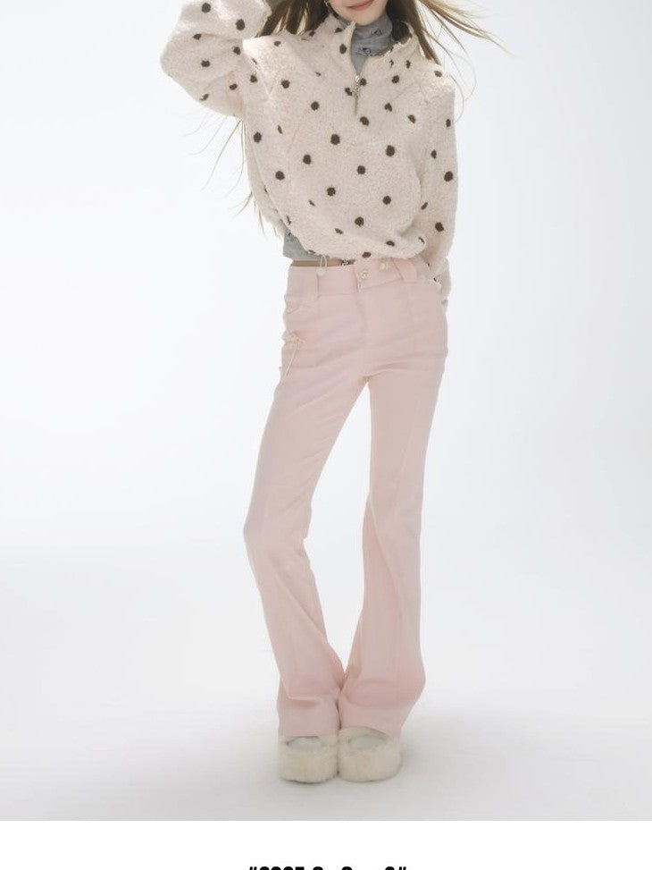 GGLOYDIUS Polka Dot Zip Up Stand Collar Loose Fit Women's Fleece Jackets