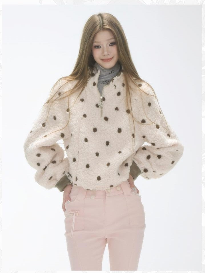 GGLOYDIUS Polka Dot Zip Up Stand Collar Loose Fit Women's Fleece Jackets
