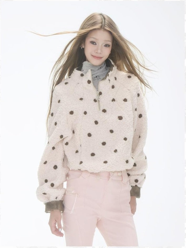 GGLOYDIUS Polka Dot Zip Up Stand Collar Loose Fit Women's Fleece Jackets