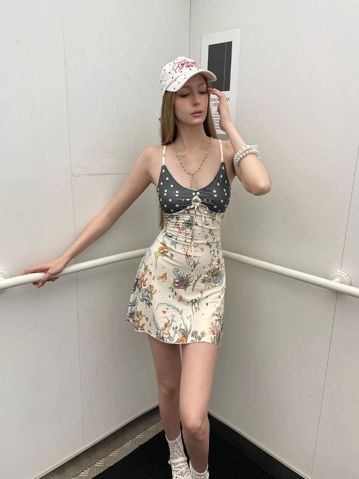 GGLOYDIUS Printed Waist Cinch A Line Spaghetti Strap Women's Polyester Slip Midi Dresses