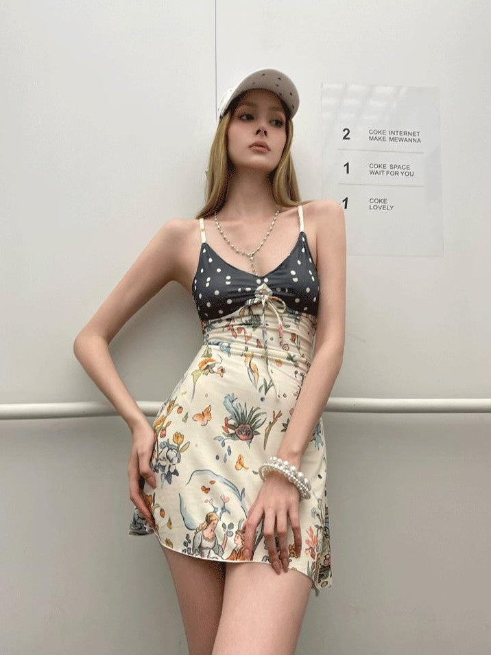 GGLOYDIUS Printed Waist Cinch A Line Spaghetti Strap Women's Polyester Slip Midi Dresses