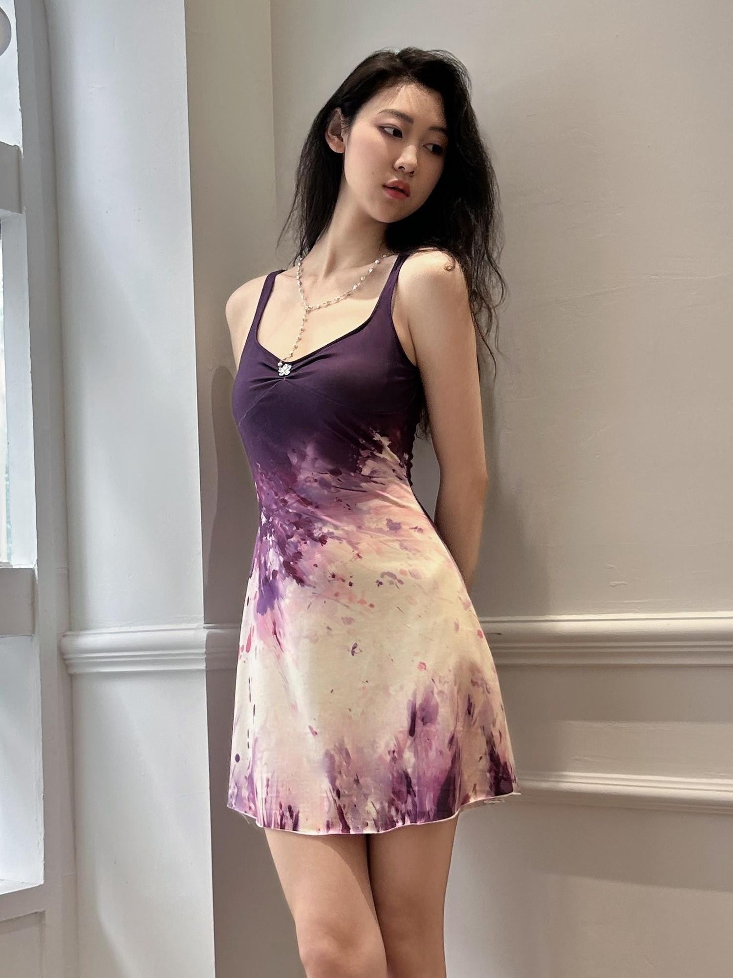 GGLOYDIUS Purple Gradient Tie Dye A Line Women's Polyester Slip Midi Dresses