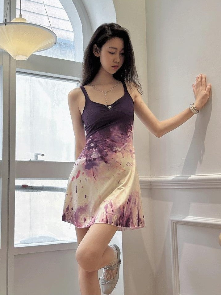 GGLOYDIUS Purple Gradient Tie Dye A Line Women's Polyester Slip Midi Dresses