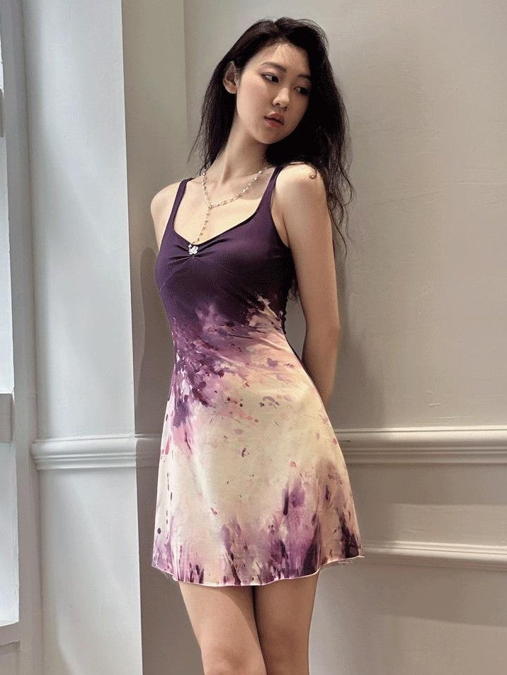 GGLOYDIUS Purple Gradient Tie Dye A Line Women's Polyester Slip Midi Dresses