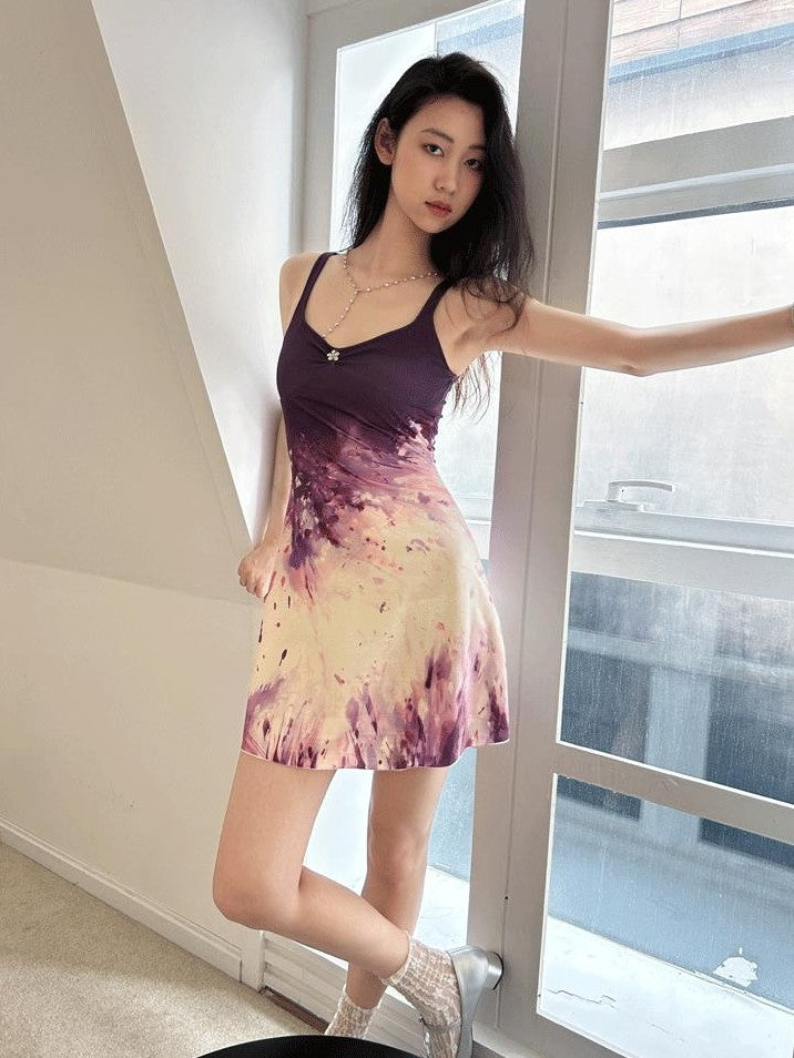 GGLOYDIUS Purple Gradient Tie Dye A Line Women's Polyester Slip Midi Dresses