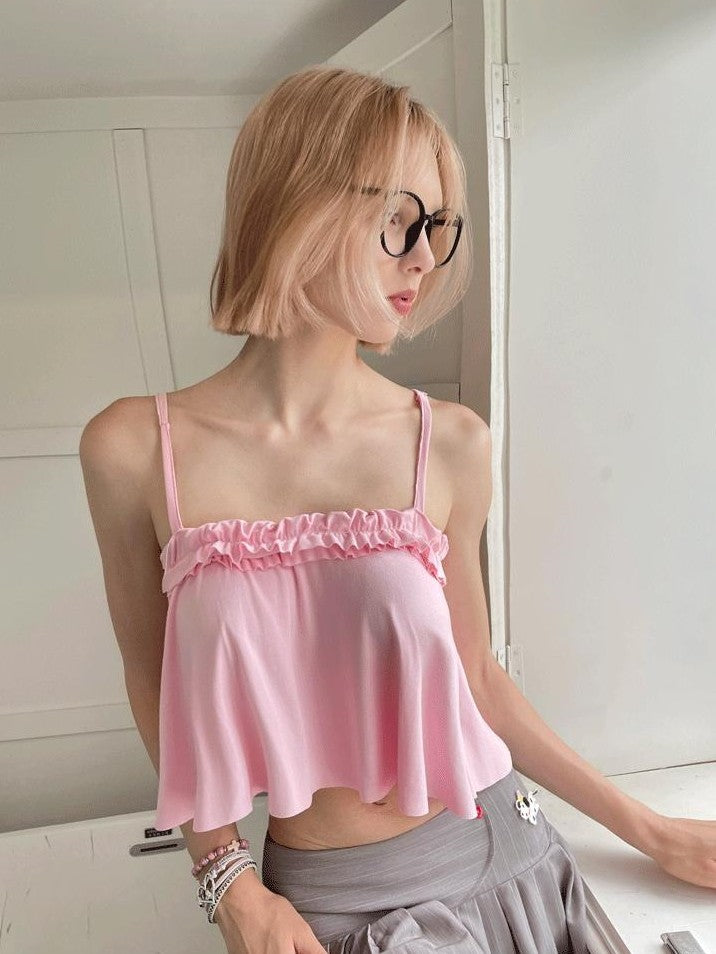 GGLOYDIUS Silver Ring Ruffle Lettuce Edge Cropped Knit Women's Viscose Blend Camisoles