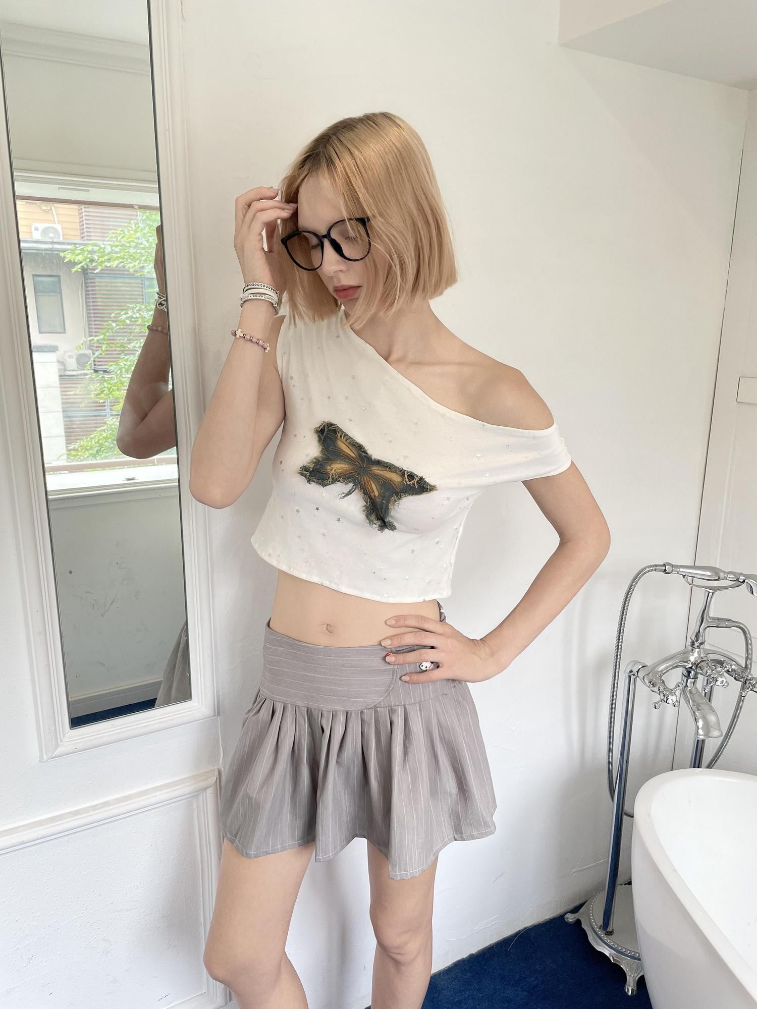 GGLOYDIUS Striped Butterfly Jacquard Asymmetric Women's Cotton Matching Skirt Sets
