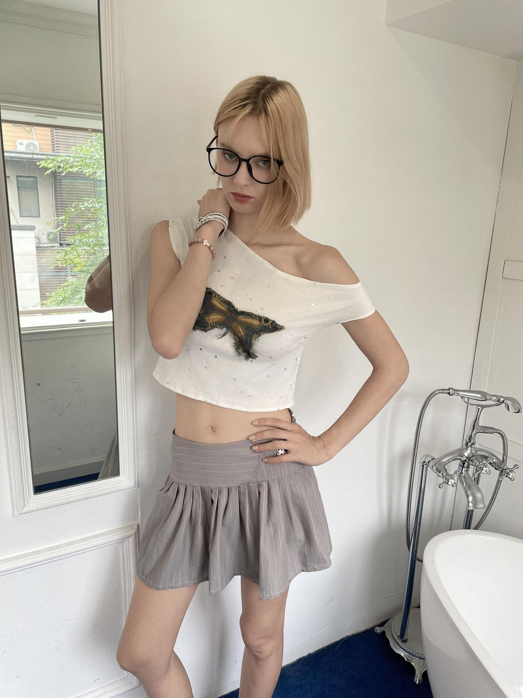 GGLOYDIUS Striped Butterfly Jacquard Asymmetric Women's Cotton Matching Skirt Sets