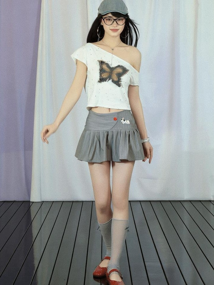 GGLOYDIUS Striped Butterfly Jacquard Asymmetric Women's Cotton Matching Skirt Sets
