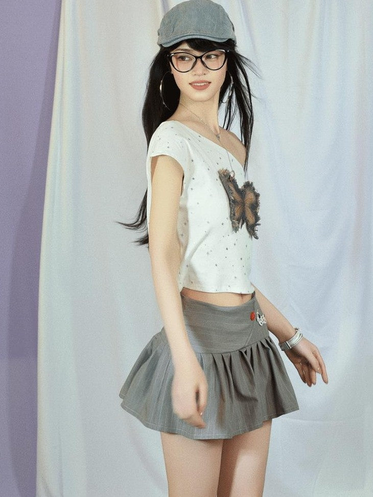 GGLOYDIUS Striped Butterfly Jacquard Asymmetric Women's Cotton Matching Skirt Sets