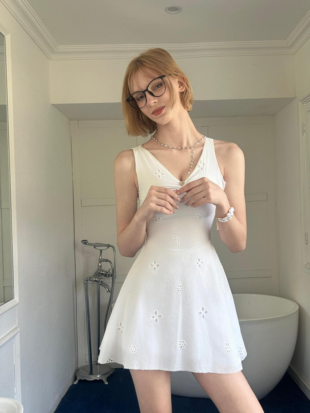 GGLOYDIUS V-neck Embroidered Cutout Slim Women's Cotton Slip Mini Dresses