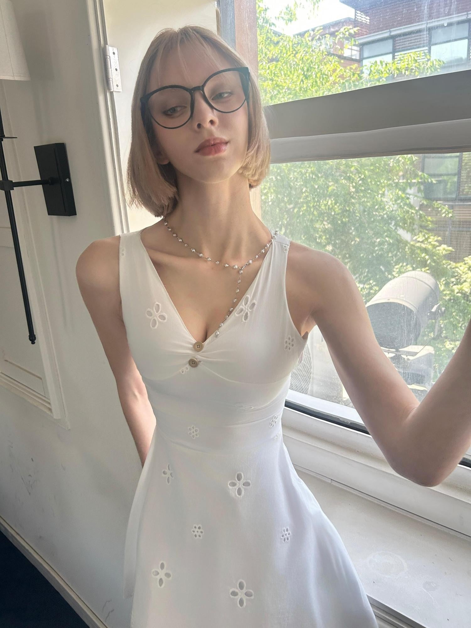 GGLOYDIUS V-neck Embroidered Cutout Slim Women's Cotton Slip Mini Dresses