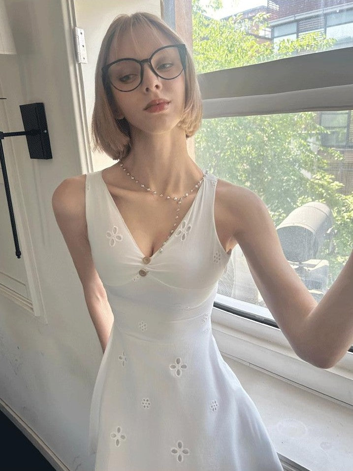 GGLOYDIUS V-neck Embroidered Cutout Slim Women's Cotton Slip Mini Dresses