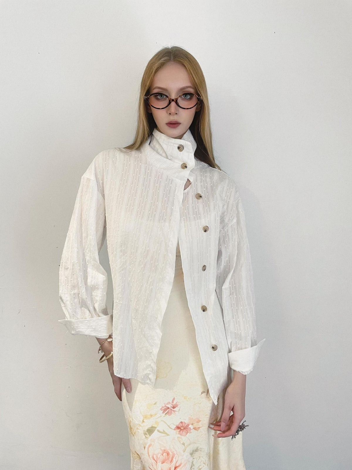 GGLOYDIUS Vintage Asymmetric High Neck Single Breasted Long Sleeve Pure Cotton Women's Blouses