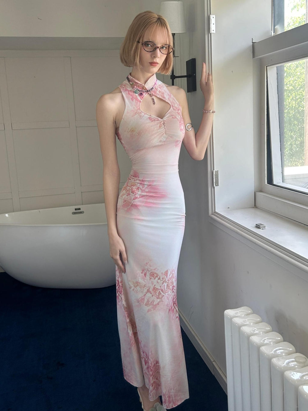 GGLOYDIUS Vintage Floral Print Stand Collar Fishtail Women's Bodycon Maxi Dresses
