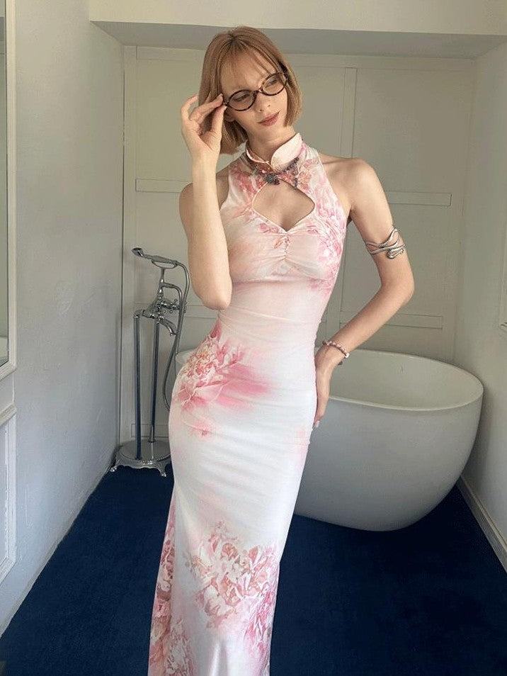 GGLOYDIUS Vintage Floral Print Stand Collar Fishtail Women's Bodycon Maxi Dresses