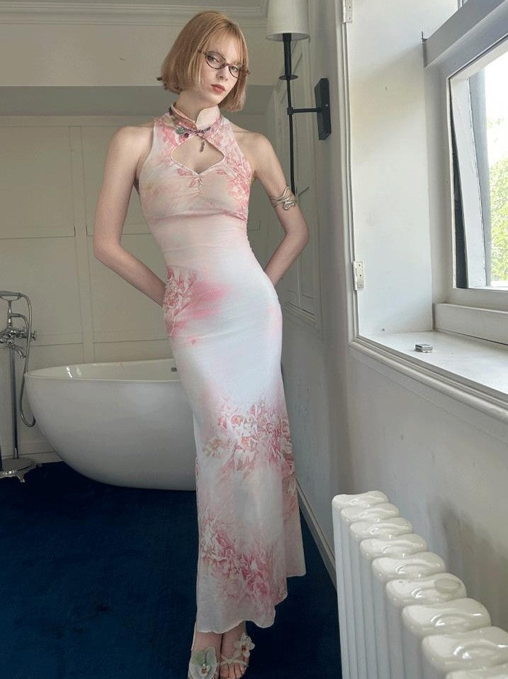 GGLOYDIUS Vintage Floral Print Stand Collar Fishtail Women's Bodycon Maxi Dresses