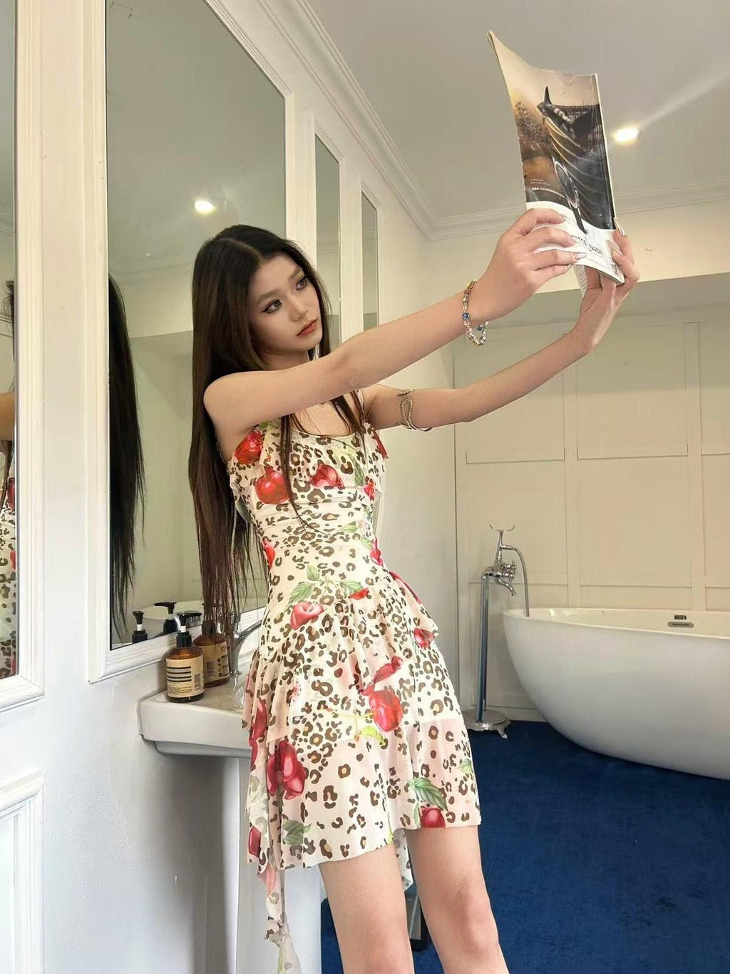 GGLOYDIUS Vintage Leopard Floral Print Spaghetti Women's Polyester Slip Midi Dresses