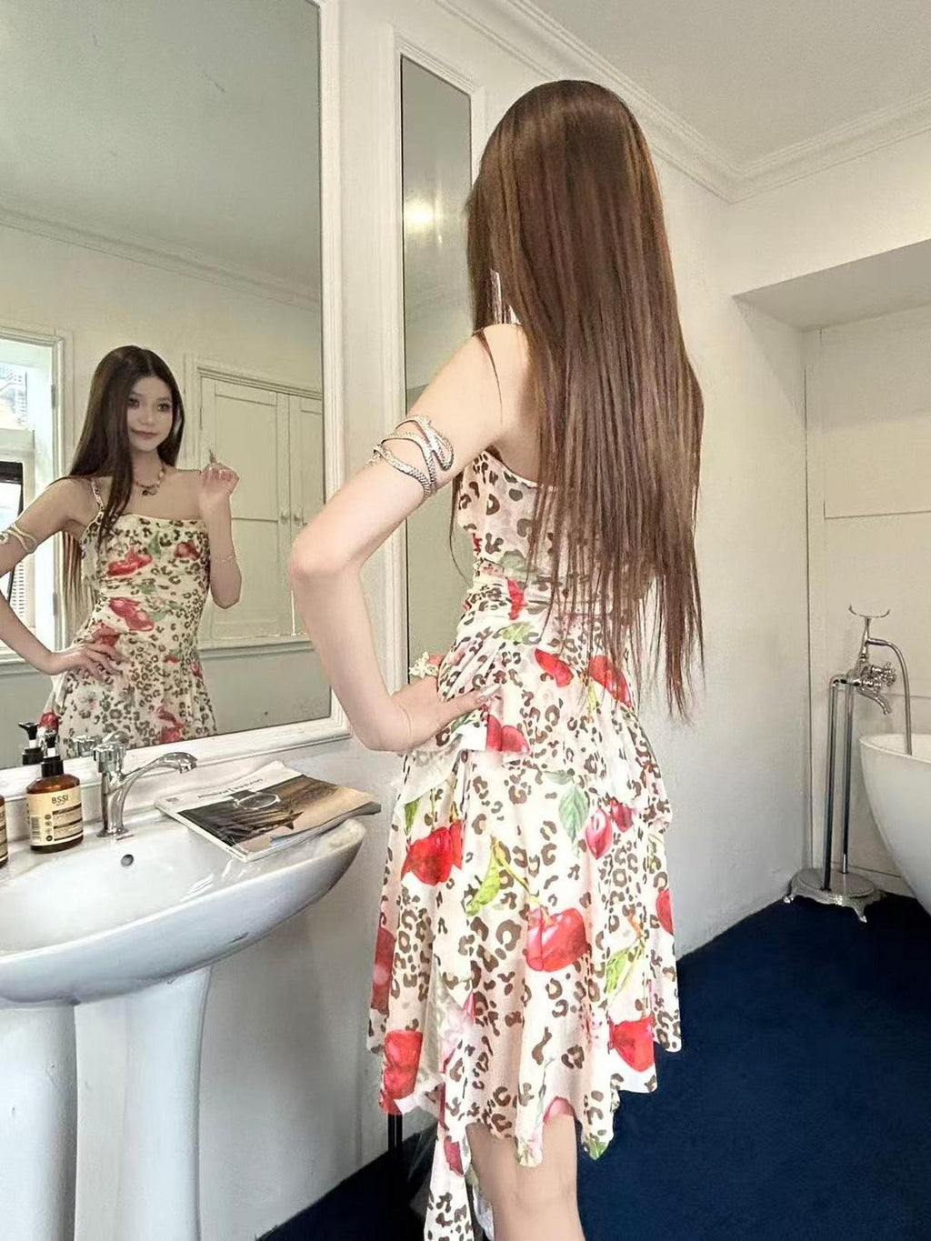 GGLOYDIUS Vintage Leopard Floral Print Spaghetti Women's Polyester Slip Midi Dresses