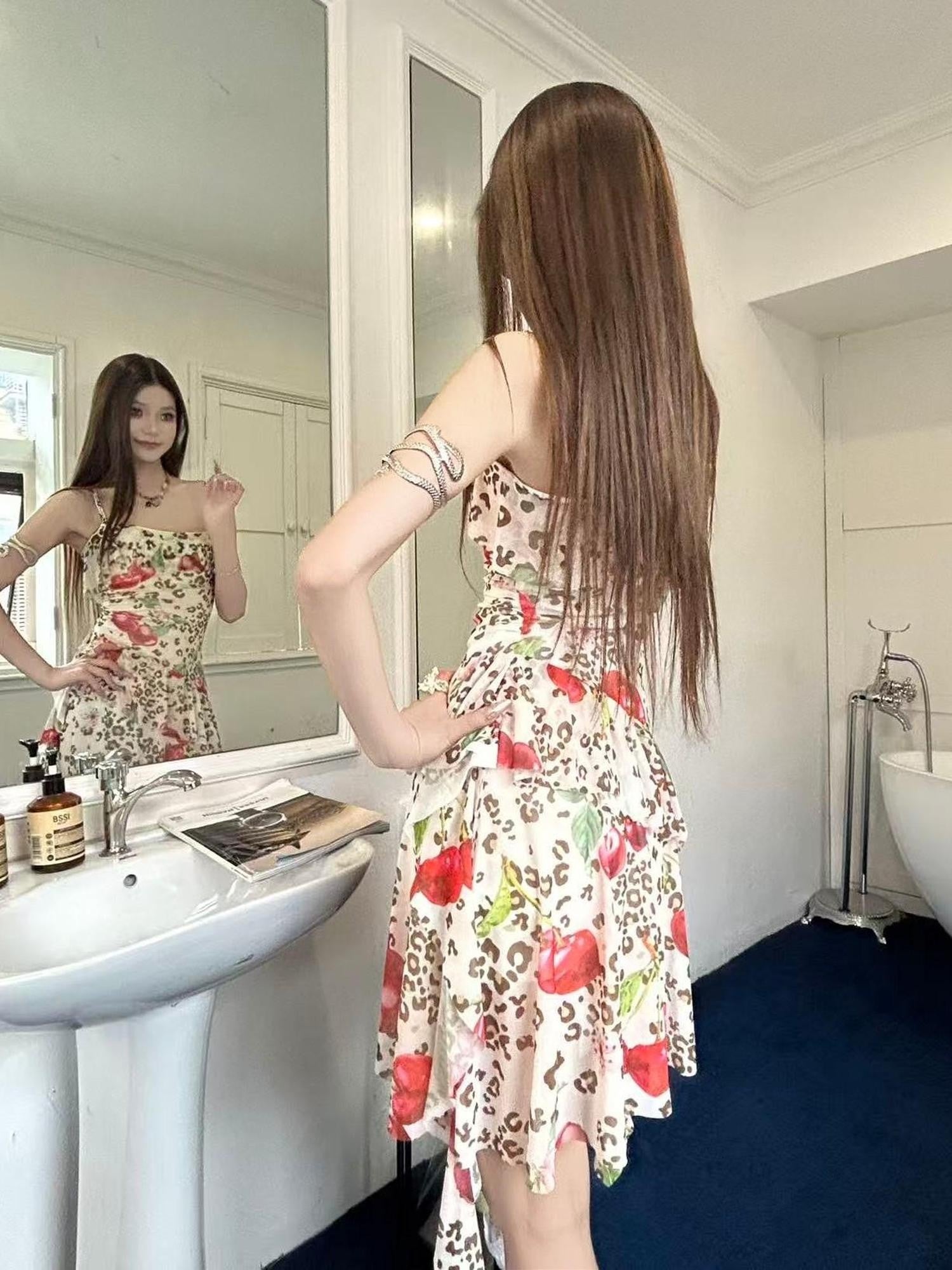 GGLOYDIUS Vintage Leopard Floral Print Spaghetti Women's Polyester Slip Midi Dresses
