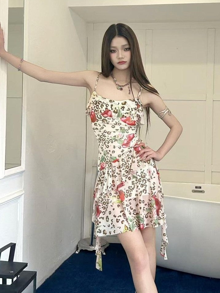 GGLOYDIUS Vintage Leopard Floral Print Spaghetti Women's Polyester Slip Midi Dresses