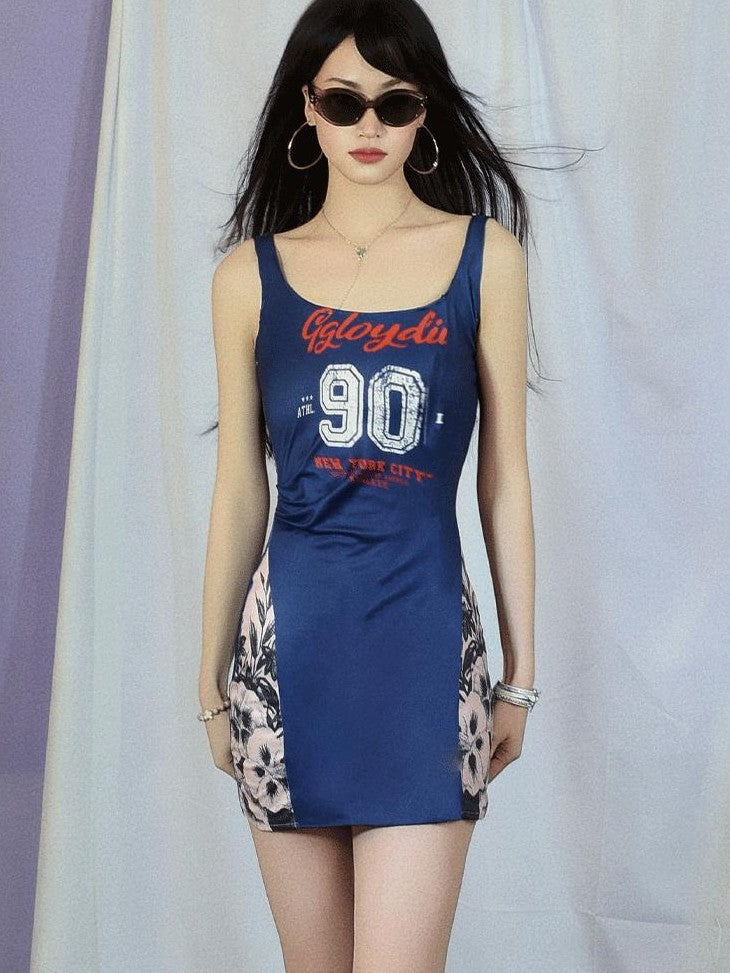 GGLOYDIUS Vintage Print Spliced Waist Cinching Women's Triacetate Bodycon Mini Dresses