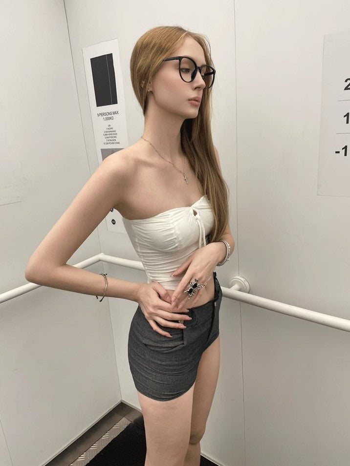 GGLOYDIUS White Bow Bandeau High Waist Fitted Women's Cotton Casual Top & Shorts Sets