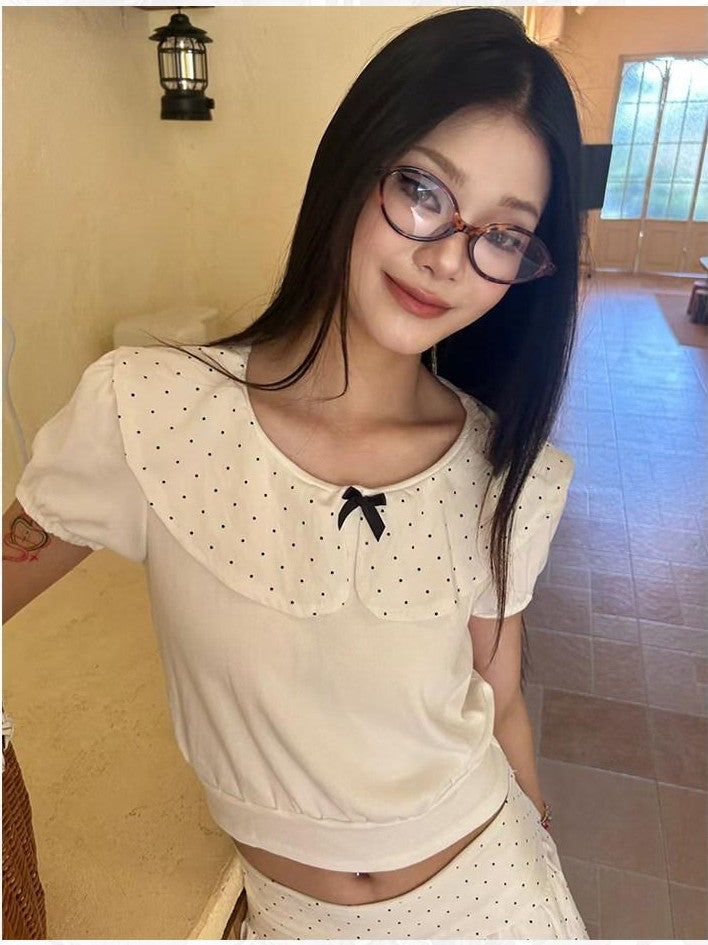 GGLOYDIUS White Doll Collar Bow Polka Dot Women's Cotton Matching Skirt Sets