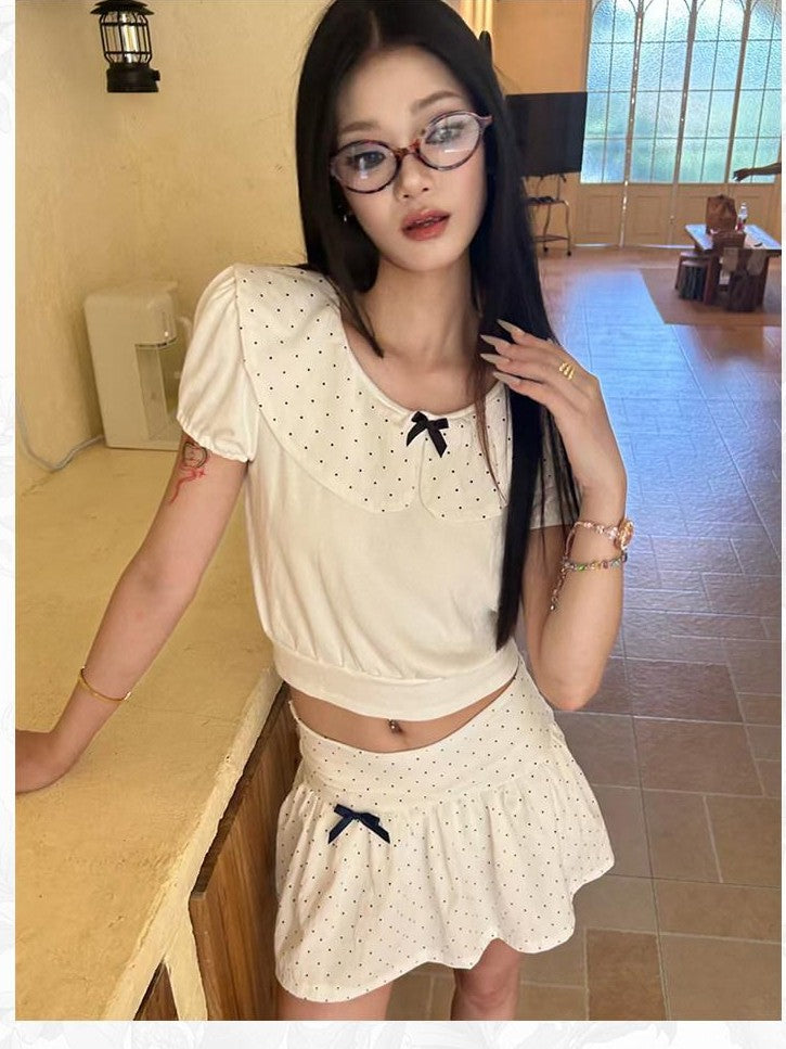 GGLOYDIUS White Doll Collar Bow Polka Dot Women's Cotton Matching Skirt Sets