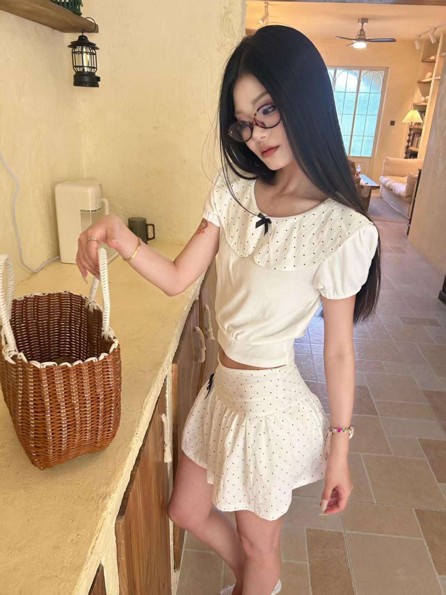 GGLOYDIUS White Doll Collar Bow Polka Dot Women's Cotton Matching Skirt Sets