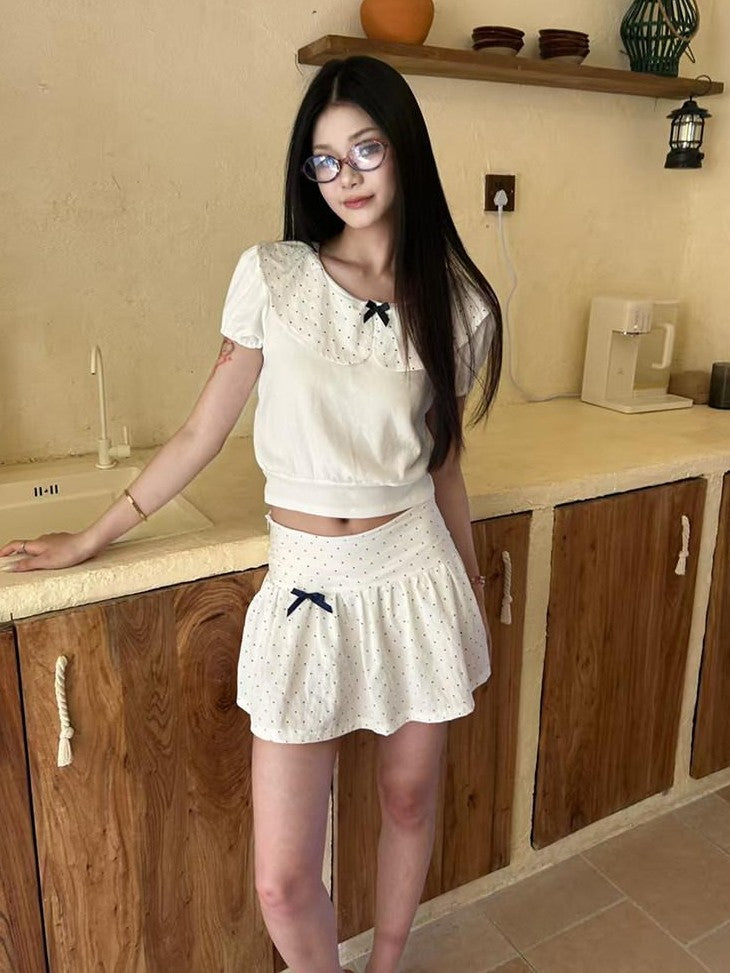 GGLOYDIUS White Doll Collar Bow Polka Dot Women's Cotton Matching Skirt Sets