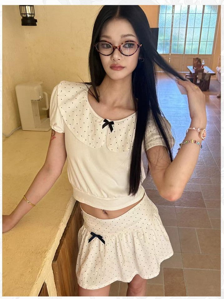 GGLOYDIUS White Doll Collar Bow Polka Dot Women's Cotton Matching Skirt Sets