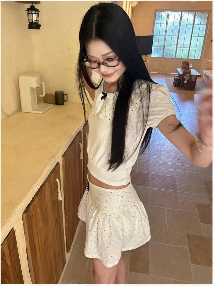 GGLOYDIUS White Doll Collar Bow Polka Dot Women's Cotton Matching Skirt Sets