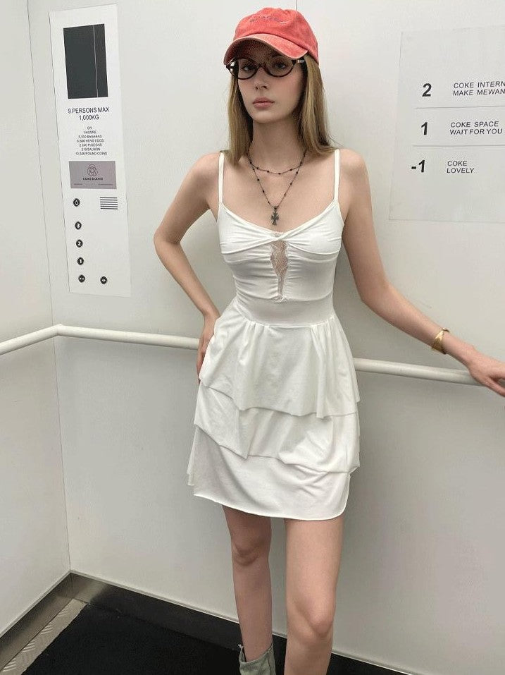GGLOYDIUS White Lace Tiered V-neck Cinched Waist Women's Cotton Slip Midi Dresses