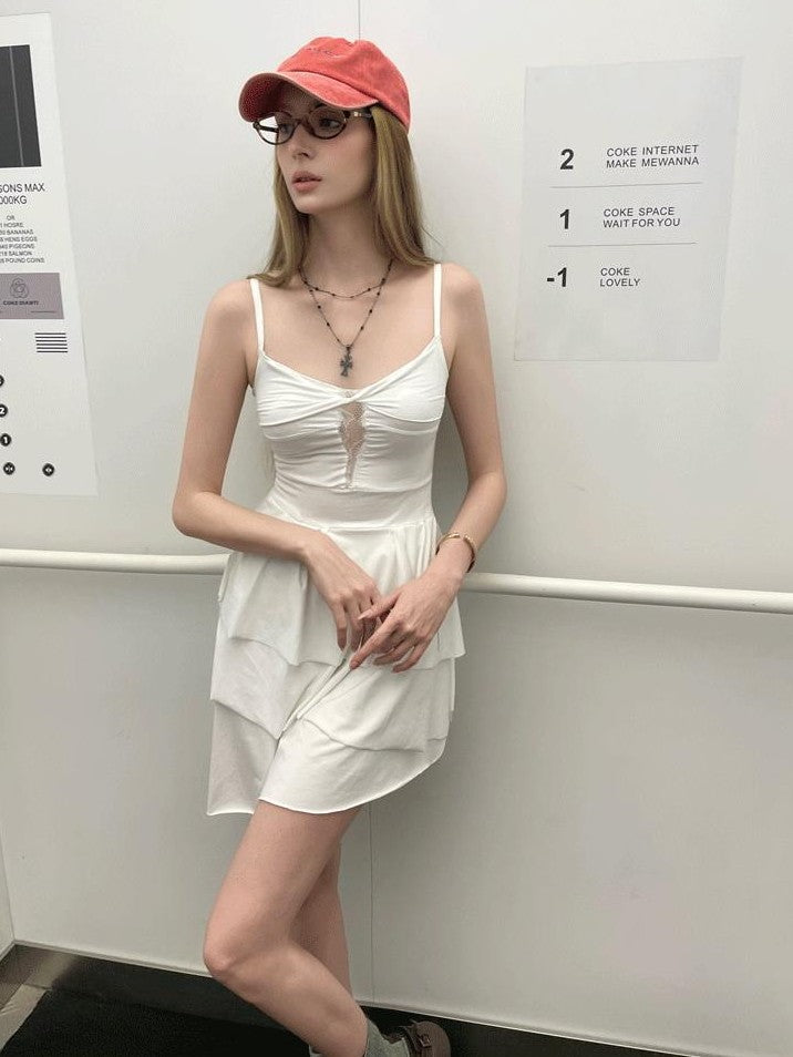 GGLOYDIUS White Lace Tiered V-neck Cinched Waist Women's Cotton Slip Midi Dresses
