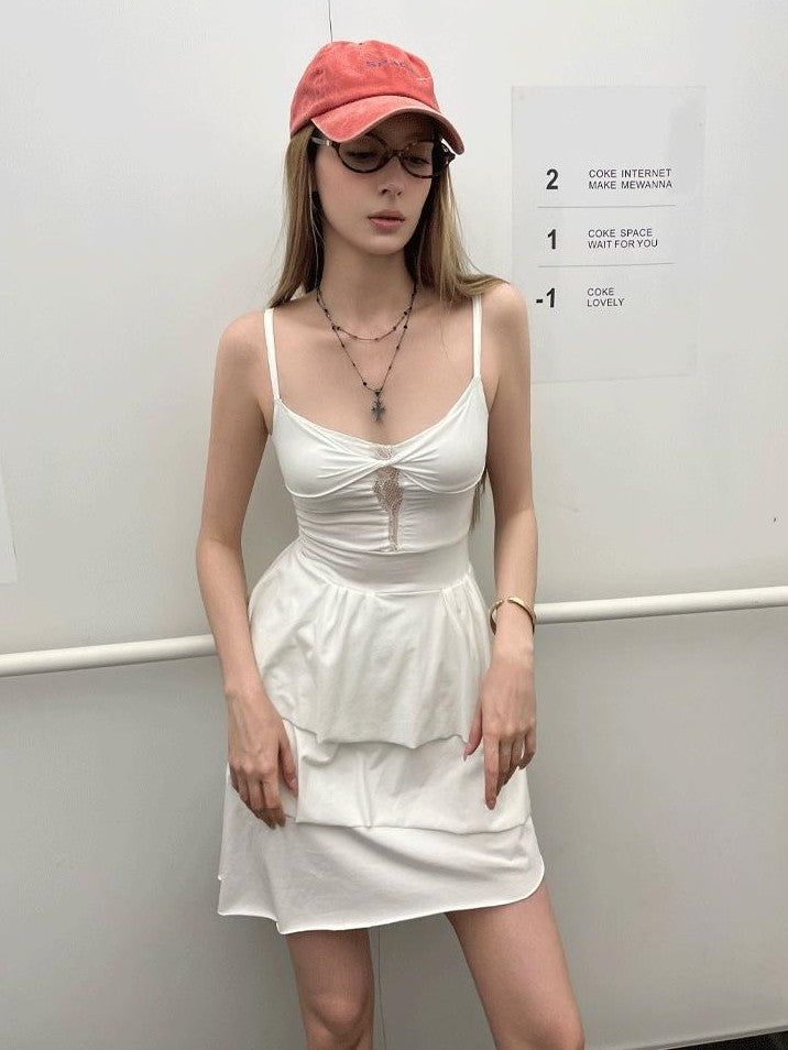 GGLOYDIUS White Lace Tiered V-neck Cinched Waist Women's Cotton Slip Midi Dresses