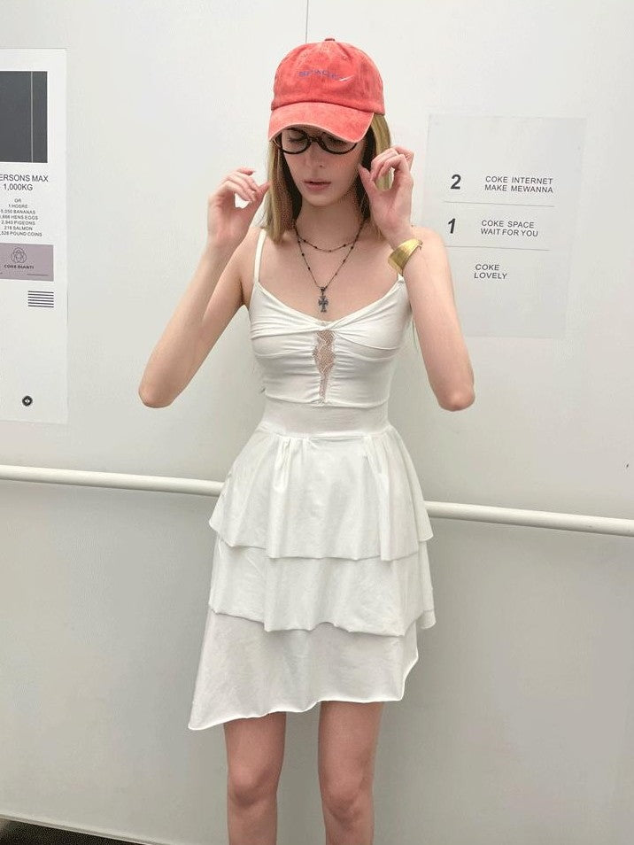 GGLOYDIUS White Lace Tiered V-neck Cinched Waist Women's Cotton Slip Midi Dresses