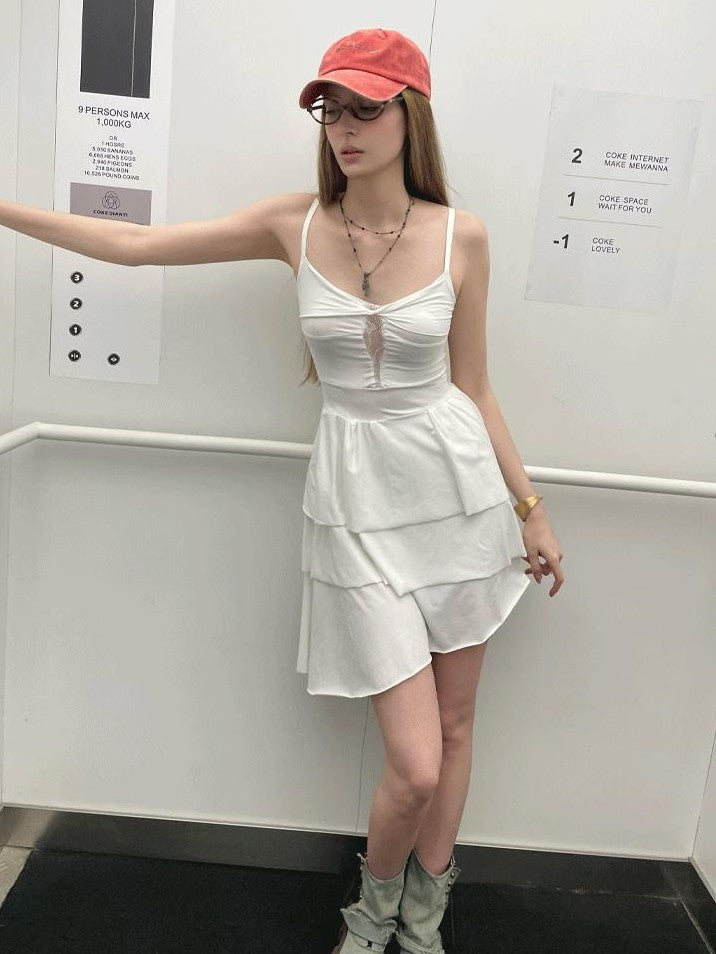 GGLOYDIUS White Lace Tiered V-neck Cinched Waist Women's Cotton Slip Midi Dresses