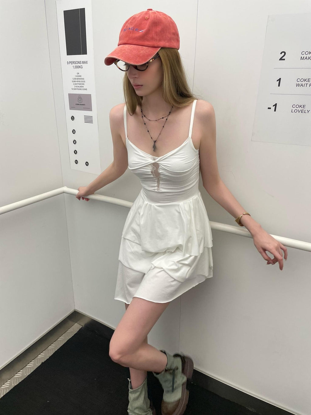 GGLOYDIUS White Lace Tiered V-neck Cinched Waist Women's Cotton Slip Midi Dresses