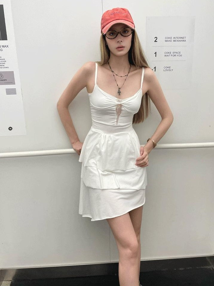 GGLOYDIUS White Lace Tiered V-neck Cinched Waist Women's Cotton Slip Midi Dresses